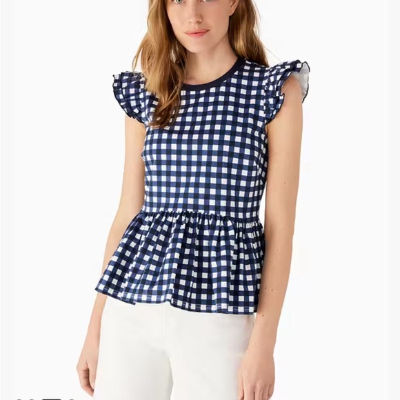 Kate Spade Blue Gingham Women's Peplum Cotton Top w/ Ruffled Cap Sleeves. XL - Picture 3 of 16